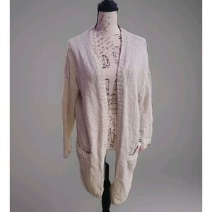 Kaisely‎ Long Knit Cardigan Sweater Womens Small Beige Open Front Drop Shoulder